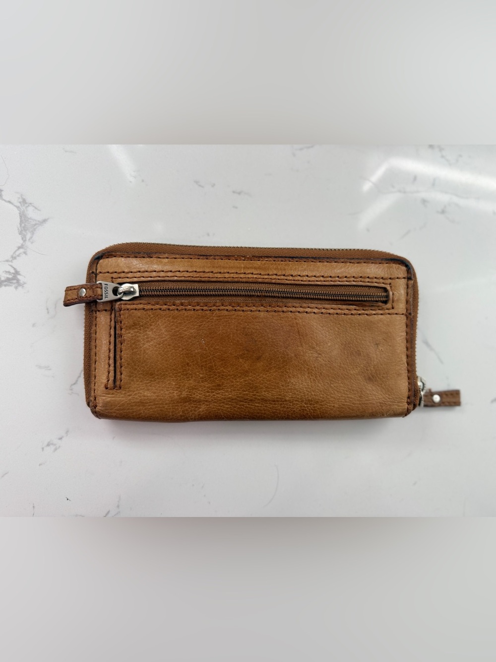 Vintage Fossil Leather Zip Around Wallet Brown Tan Key Print Lining - Picture 4 of 16